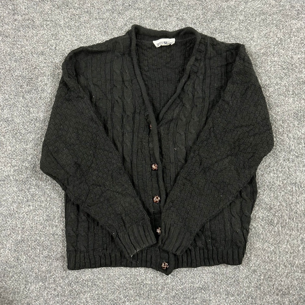 White Stag Cardigan Womens Size Large Black Cable Knit Button Front USA Made